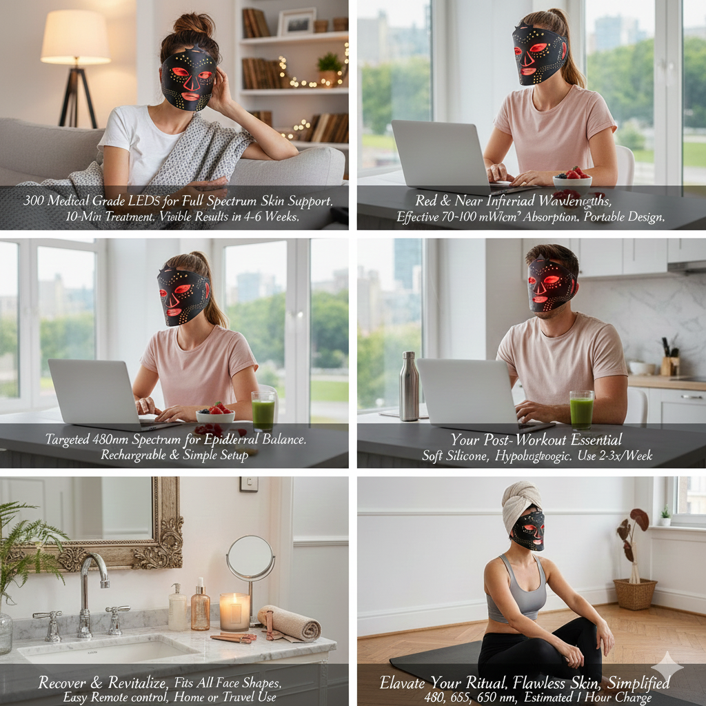 Red Light Therapy Silicon Mask, Infrared 850nm, Blue 480nm, Rechargeable , 4 x Wavelneghs