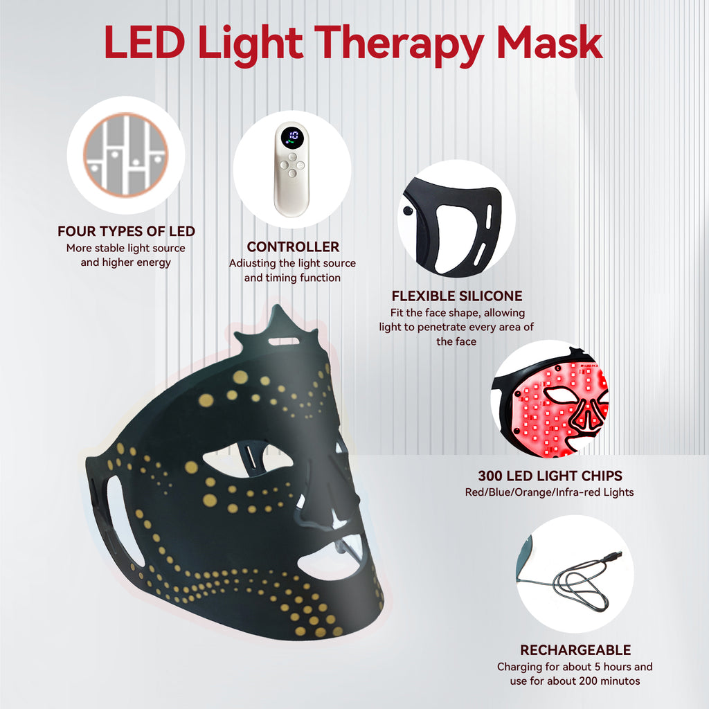 Red Light Therapy Silicon Mask, Infrared 850nm, Blue 480nm, Rechargeable , 4 x Wavelneghs